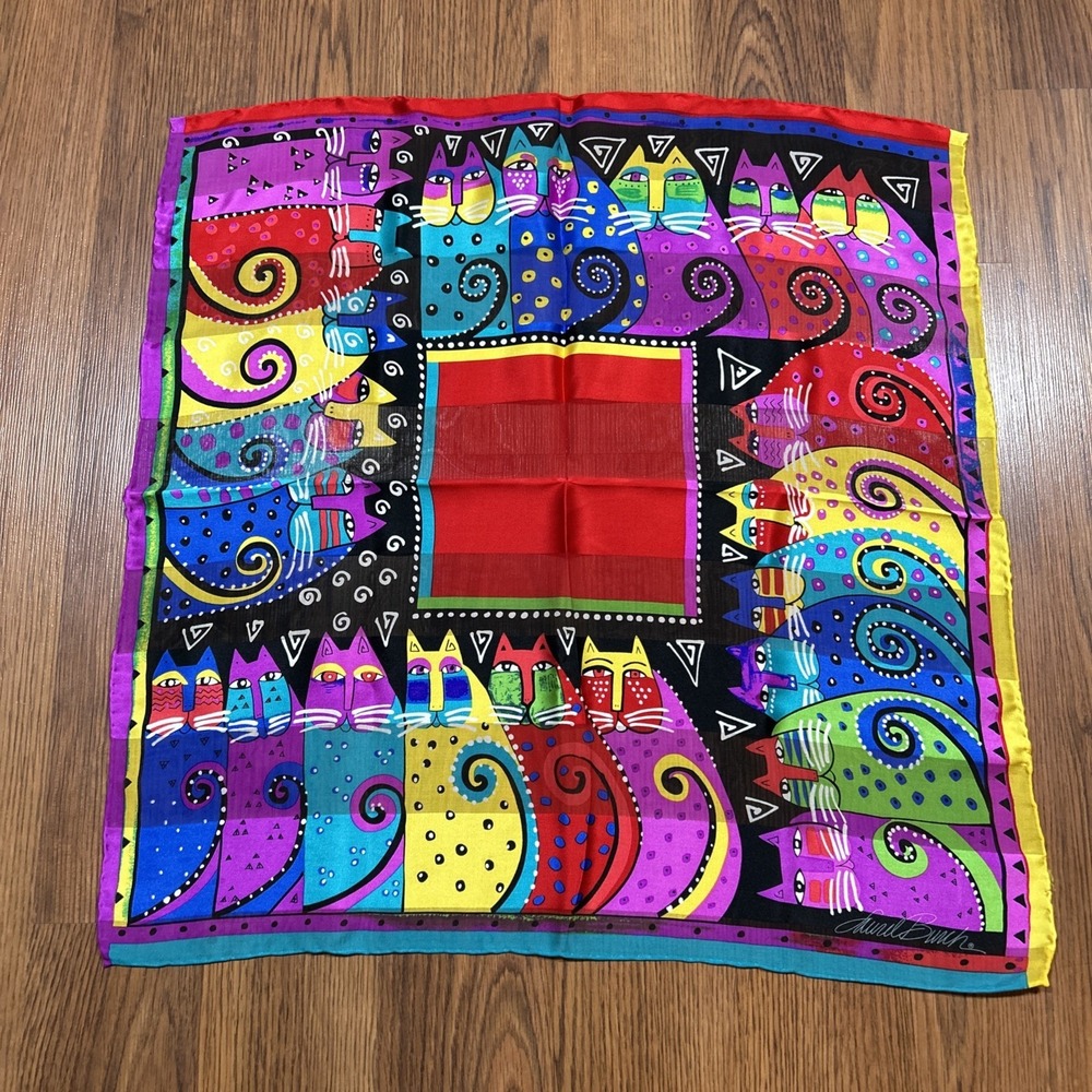 Laurel Burch Square Silk Scarf 20" Cats Colorful Bright Rolled Hem